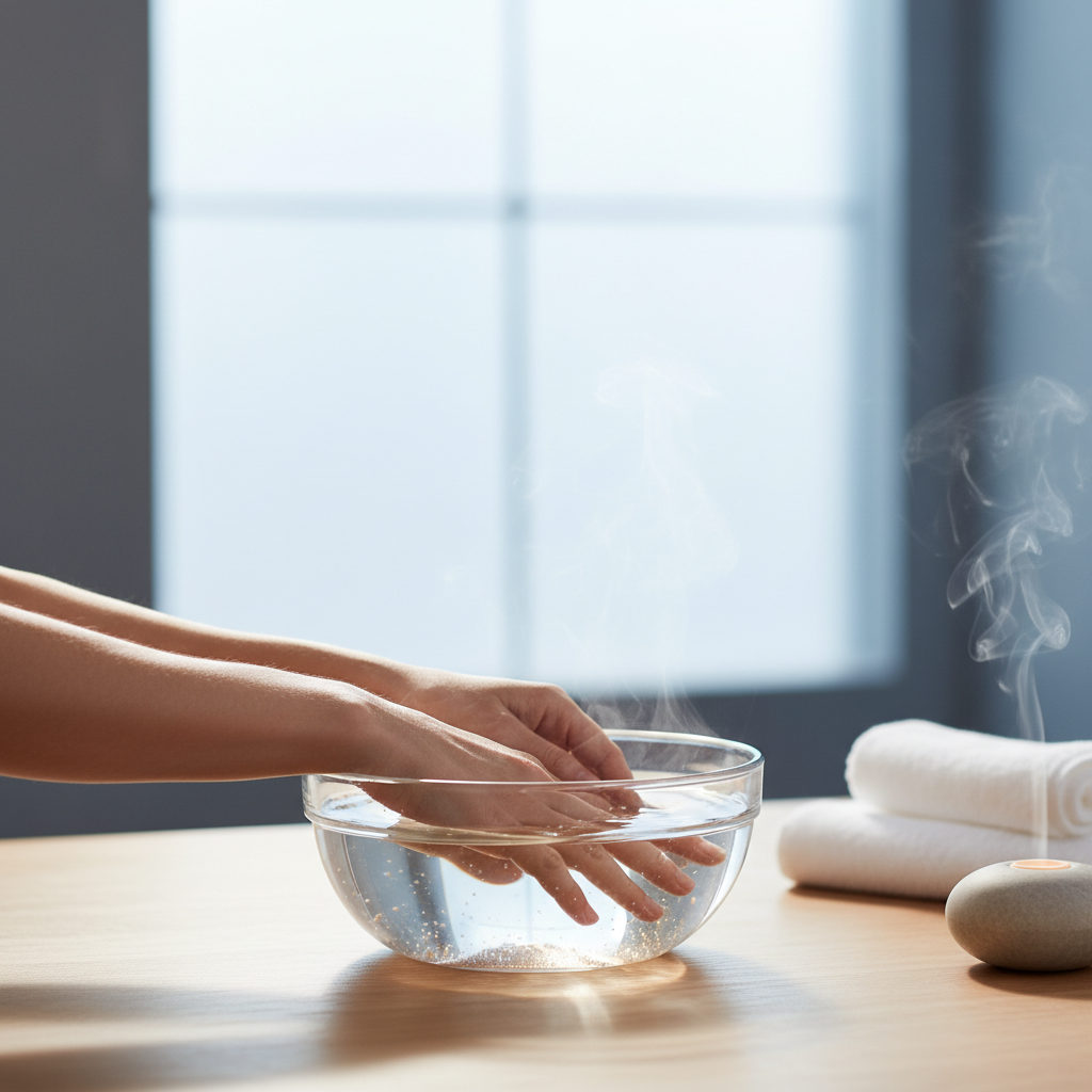 손목을 따뜻한 물에 담그고 있는 장면