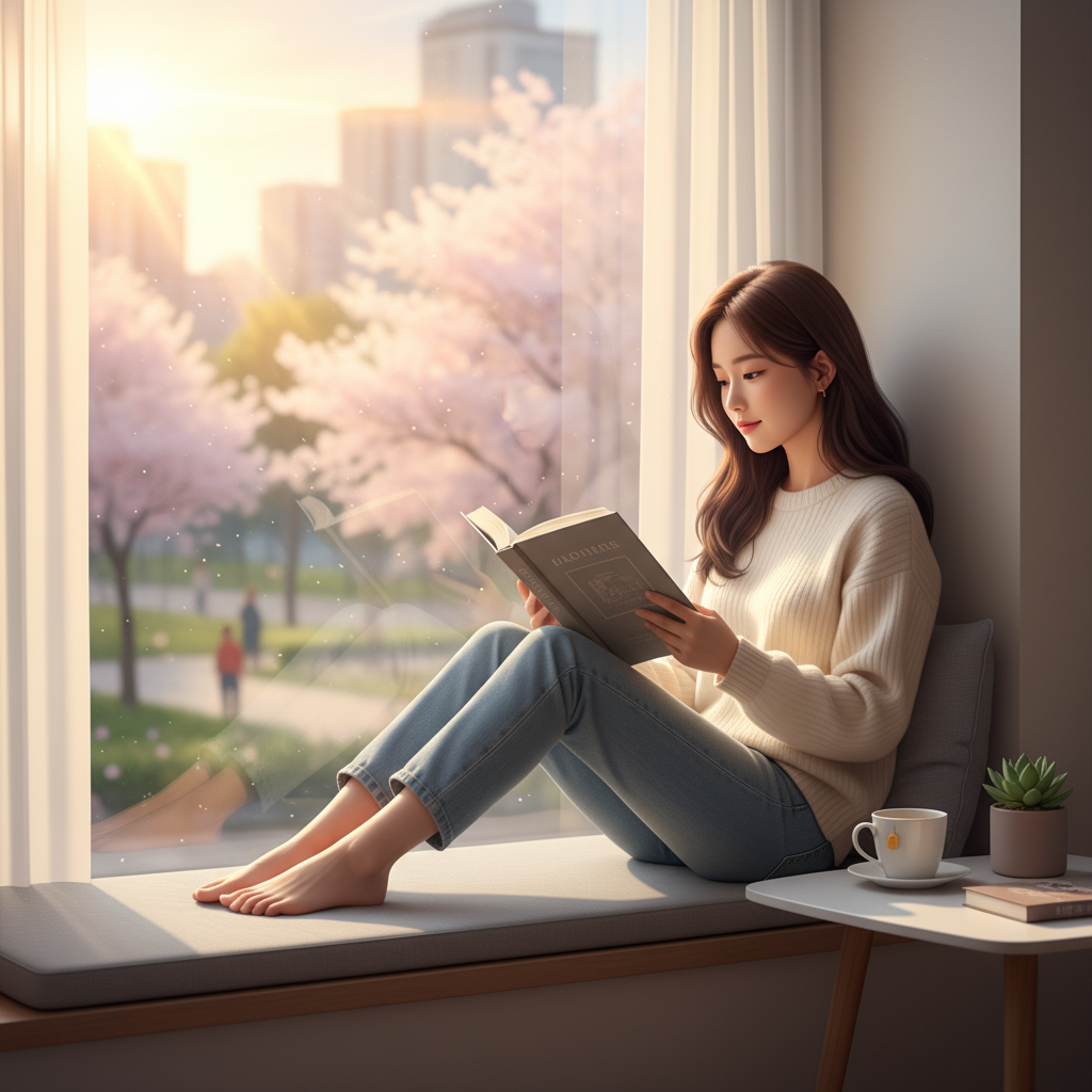 봄철 저녁 햇살이 비치는 창가에서 책을 읽고 있는 한국인 여성의 모습