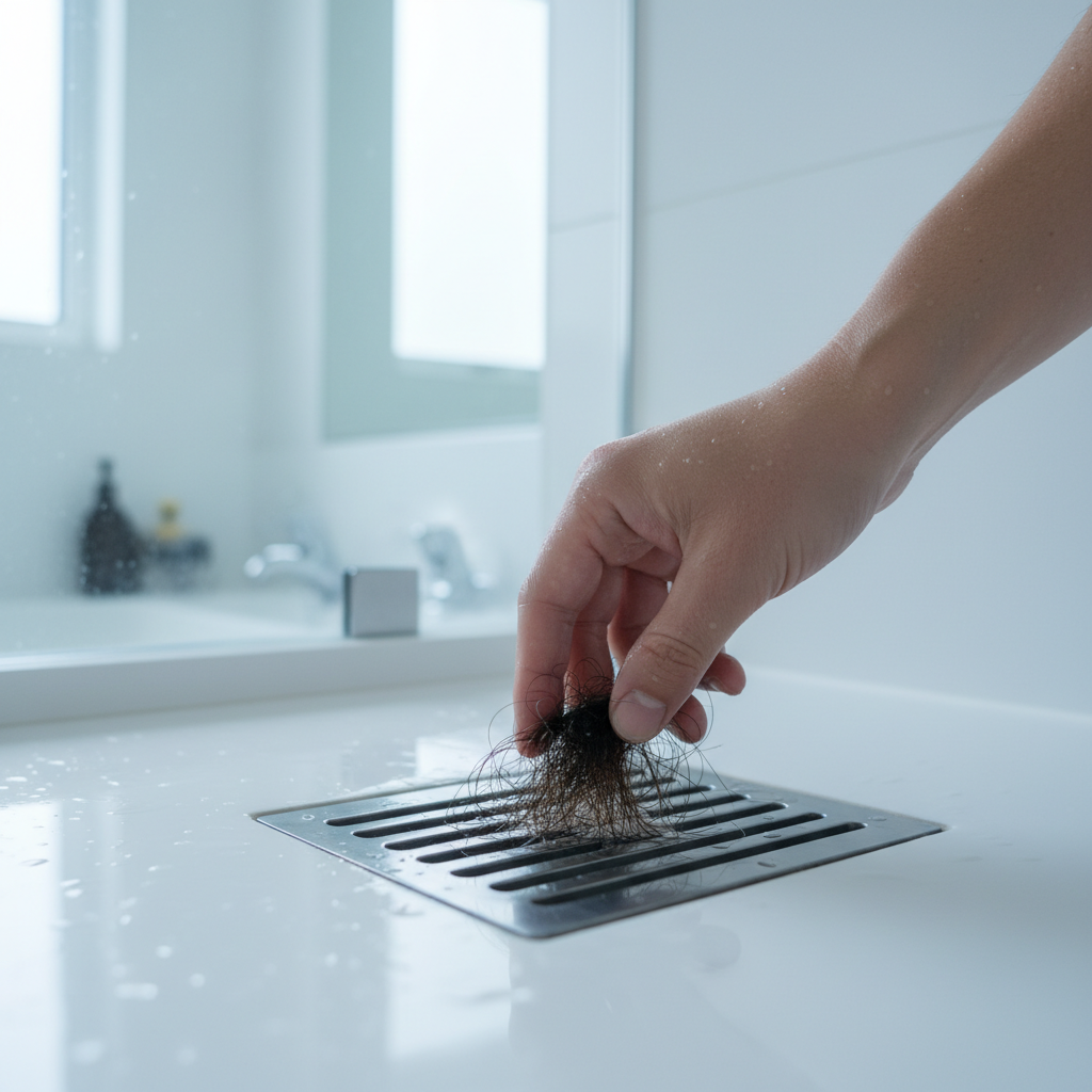 샤워 후 배수구에 모인 머리카락을 확인하는 장면