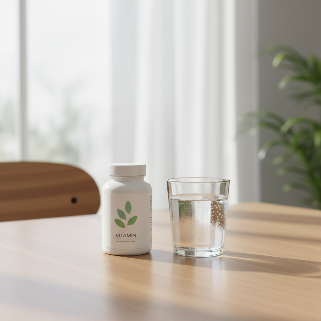 식탁 위에 비타민 영양제와 물 한 잔이 놓여 있는 장면