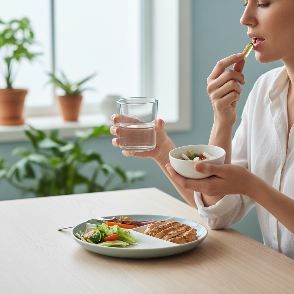 식사 후 비타민을 물과 함께 복용하는 모습