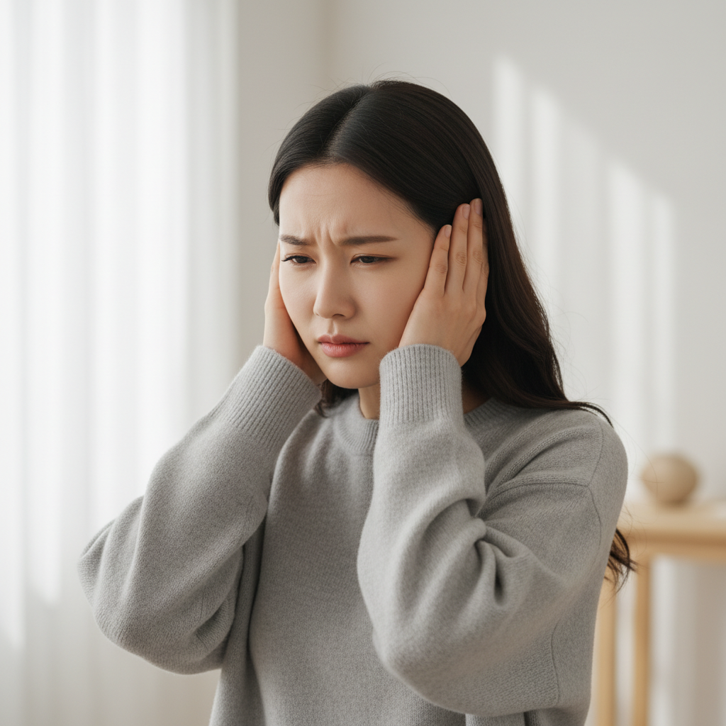 귀를 손으로 감싸며 불편함을 느끼는 한국인 여성의 모습