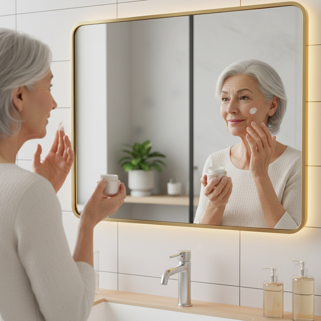 70대 여성이 거울 앞에서 얼굴 보습제를 바르는 모습