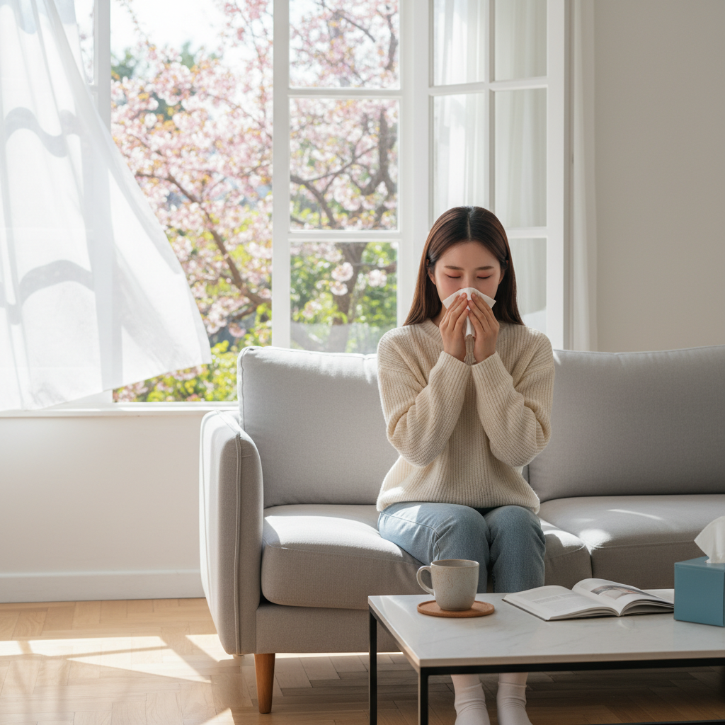 창문 열린 봄날 실내에서 코를 훌쩍이는 한국인 여성