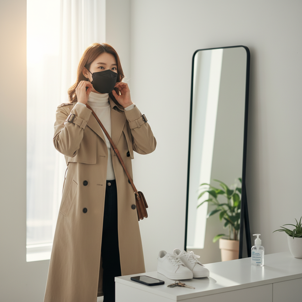 마스크 착용하고 외출 준비 중인 한국인 여성