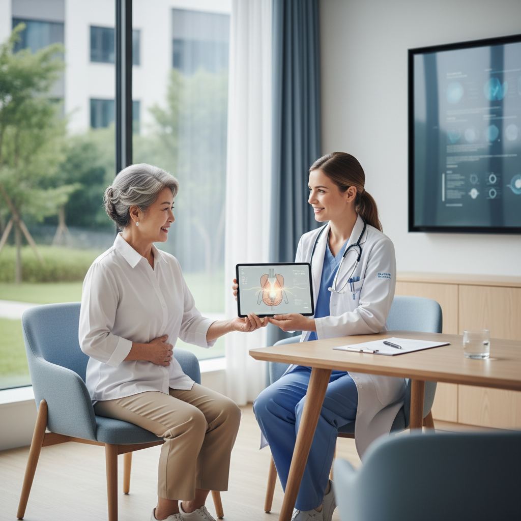 70대 한국인 여성이 병원 상담실에서 의사와 복부 시술 상담을 받는 장면
