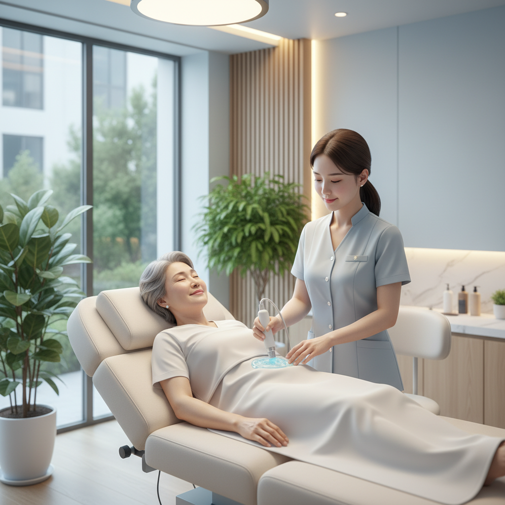 70대 한국인 여성이 복부 시술 후 회복 관리를 받는 장면