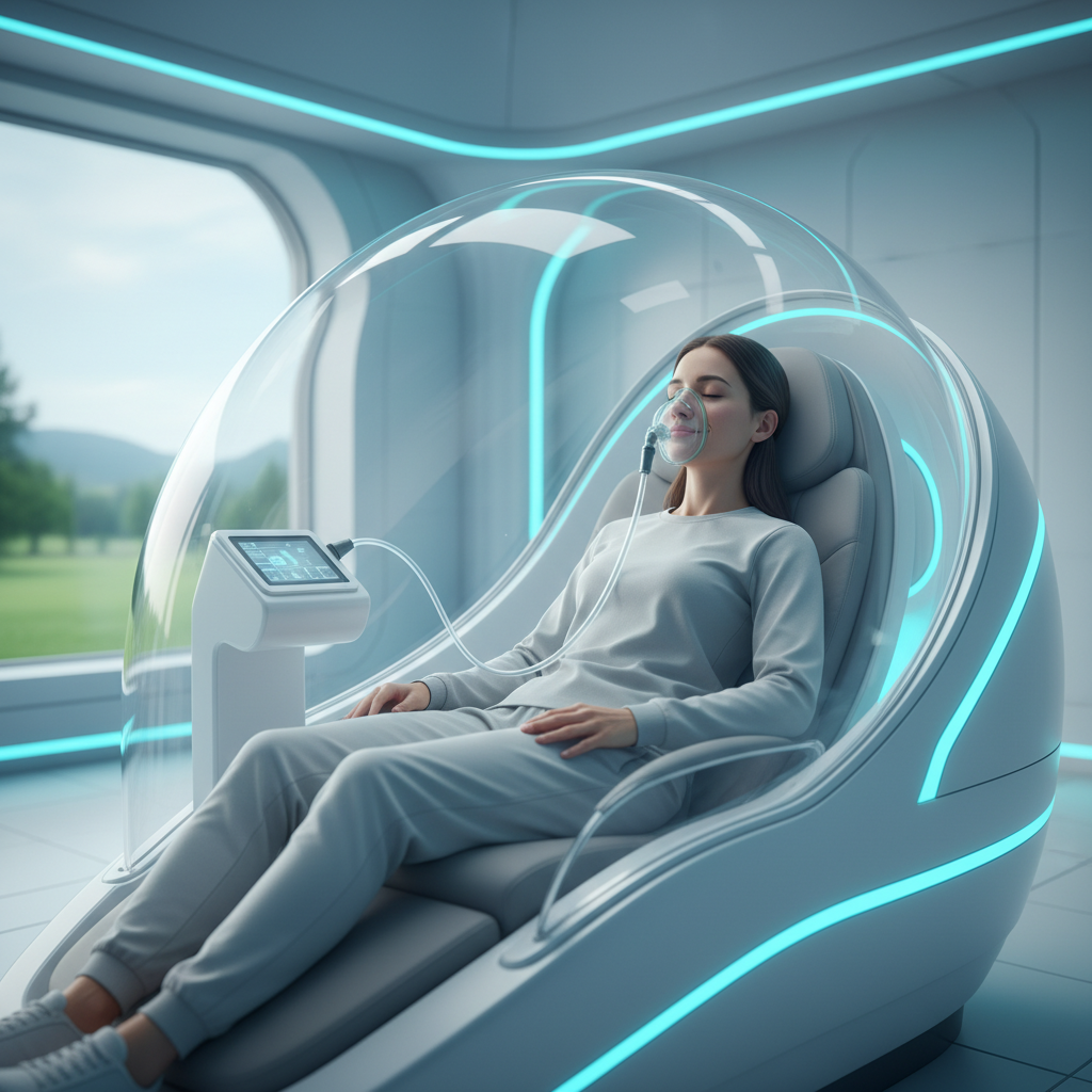 산소방 또는 산소캡슐에서 편안하게 산소를 흡입하는 모습