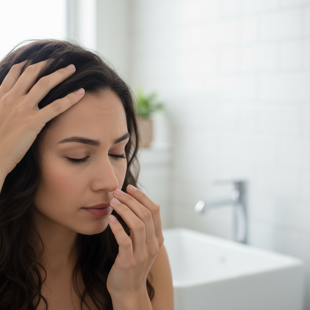 두피를 만지며 냄새를 확인하는 여성의 모습