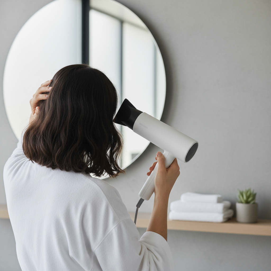 드라이어로 두피를 말리는 여성의 뒷모습
