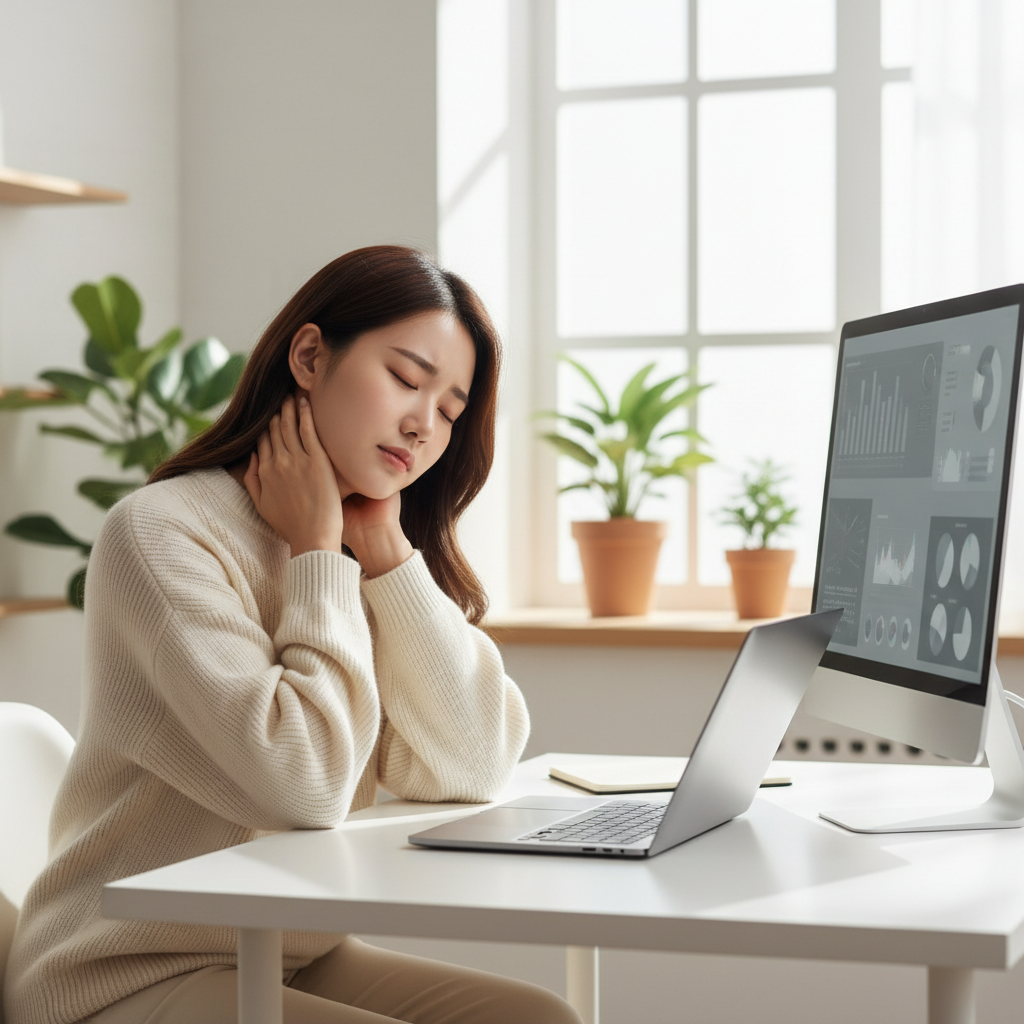 책상에 앉아 목을 손으로 만지며 뻣뻣함을 느끼는 한국인 여성의 모습