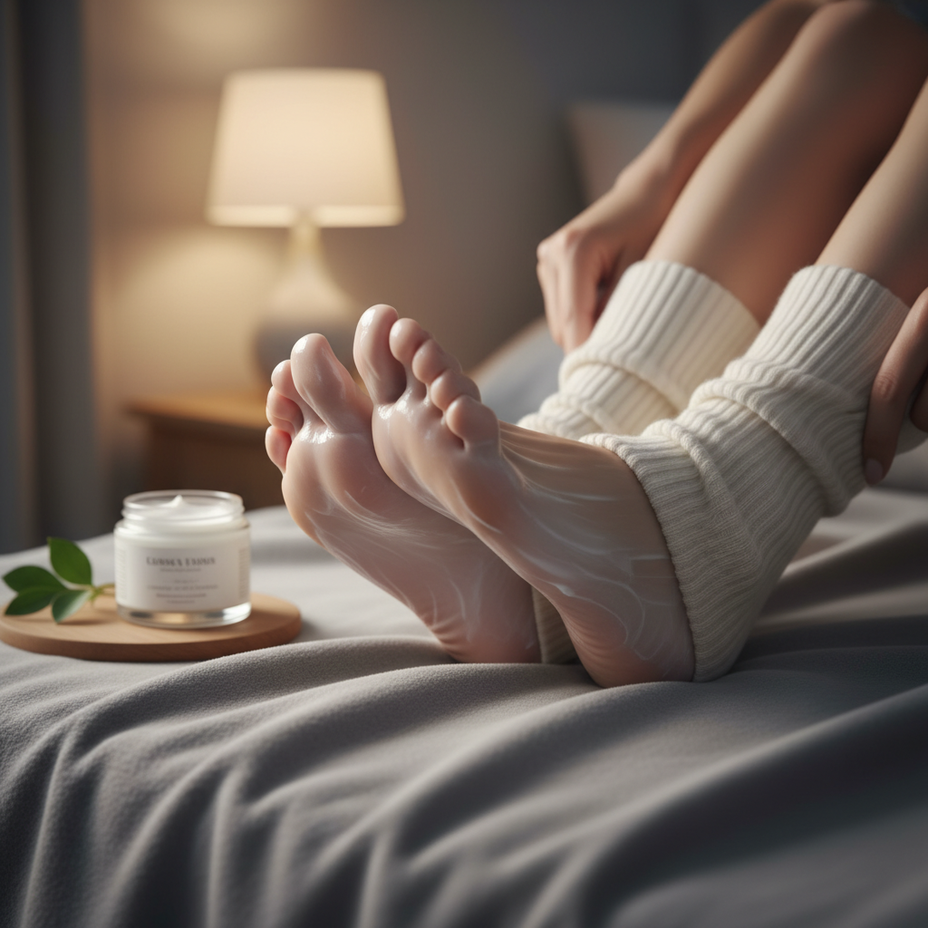 밤에 풋크림을 바르고 면양말을 신은 발 모습