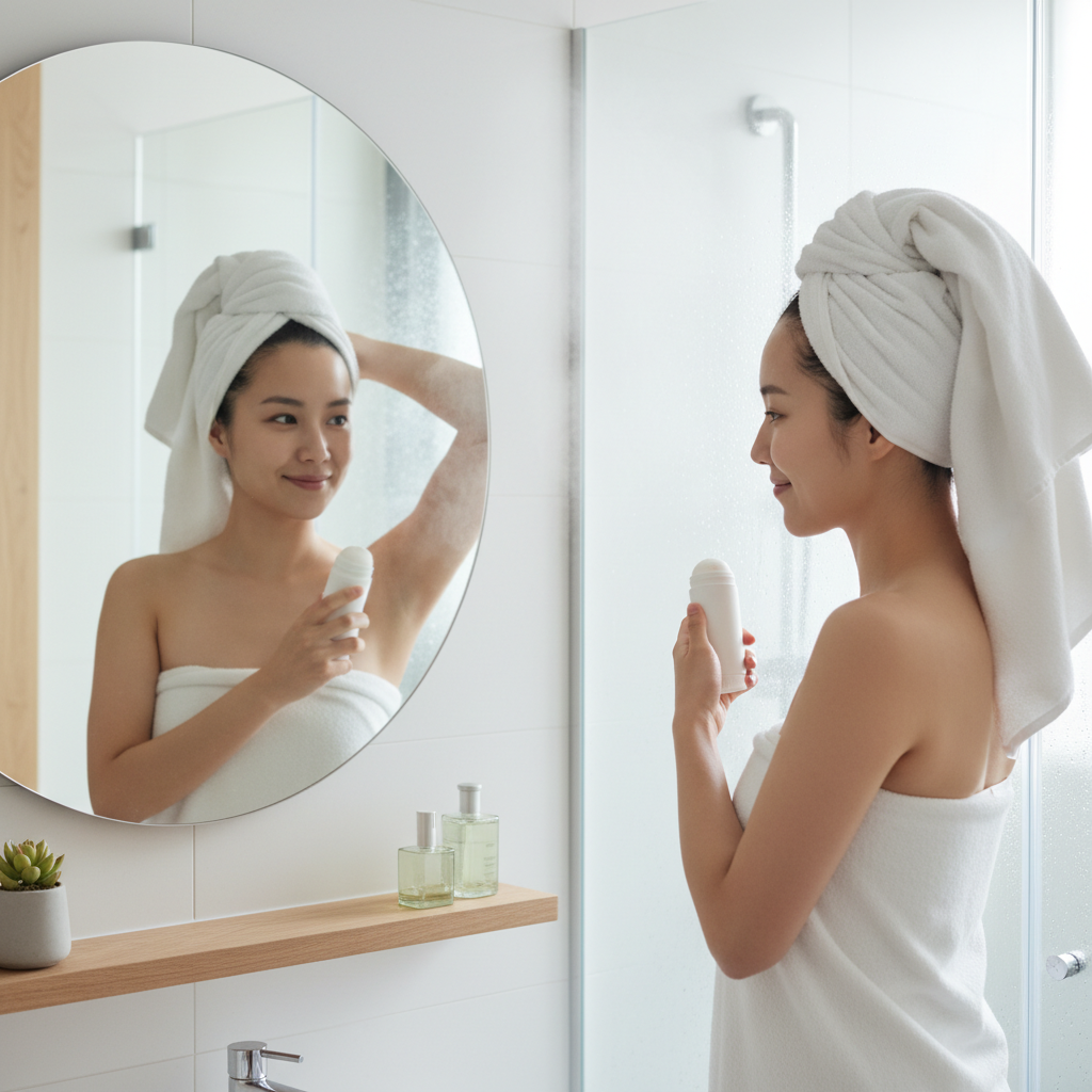 샤워 후 거울 앞에서 데오도란트를 바르는 한국인 여성의 자연스러운 일상 장면