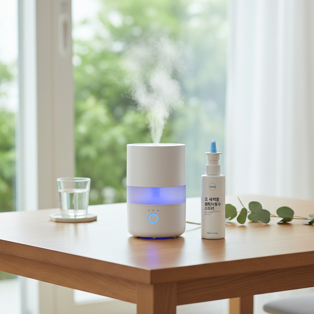 코 세척용 생리식염수 스프레이와 가습기가 놓인 식탁 풍경