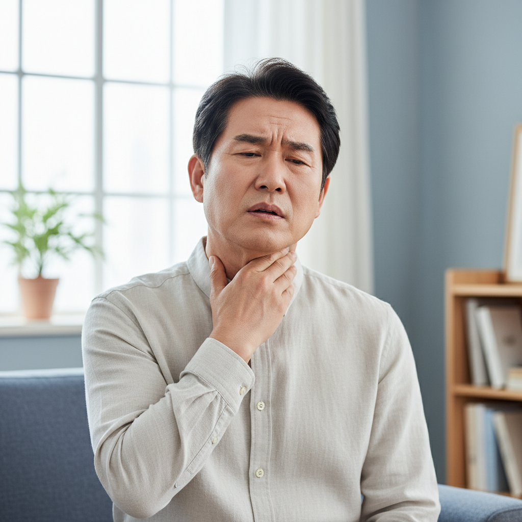 60대 한국인이 목을 만지며 불편한 표정을 짓는 장면