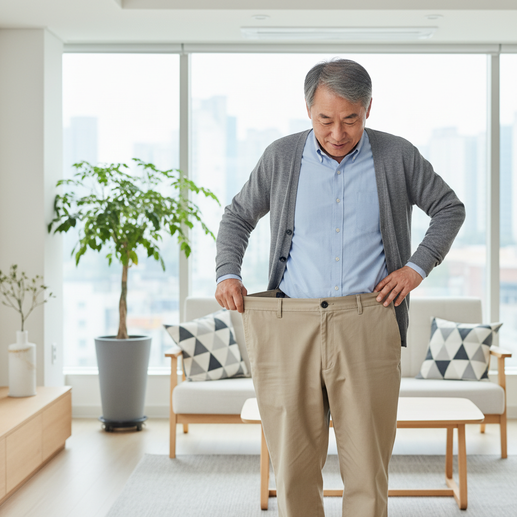 바지가 헐렁해진 다리를 확인하는 한국인 시니어의 모습