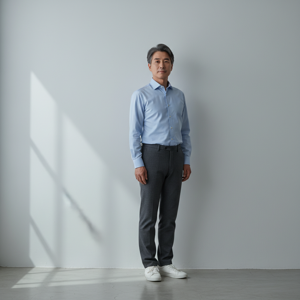 벽에 등을 대고 바른 자세로 서 있는 50대 한국인의 모습