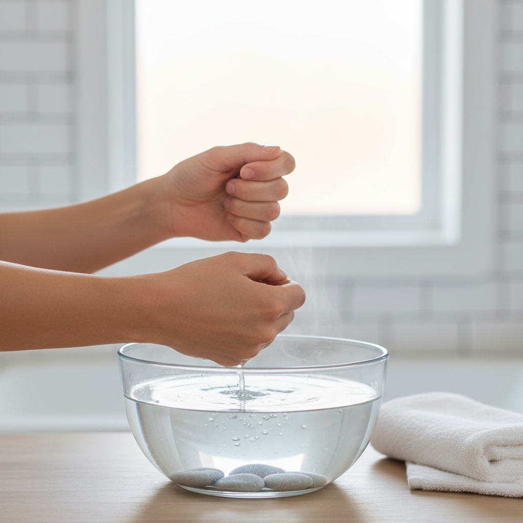 따뜻한 물에 손을 담그고 주먹 쥐기 운동을 하는 장면