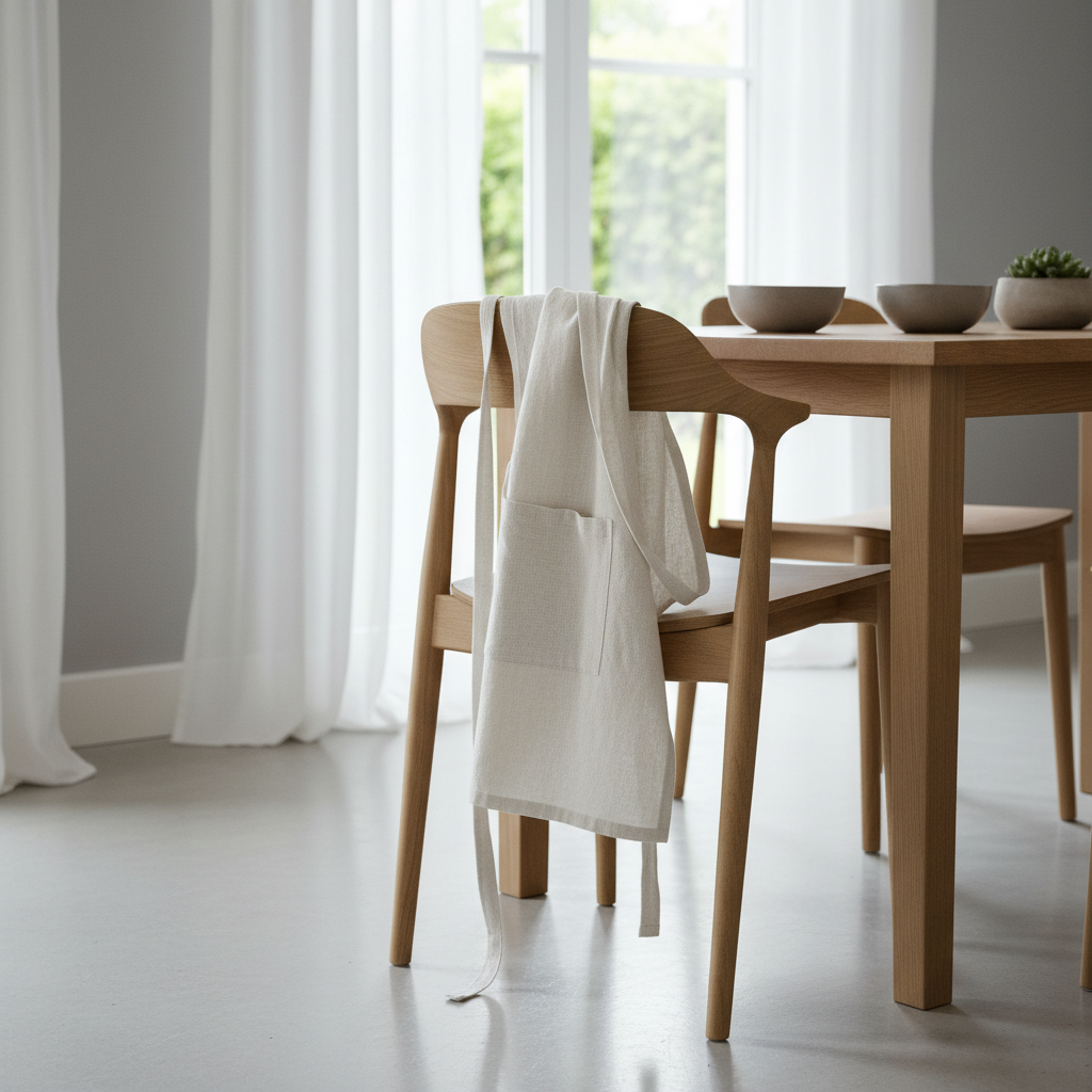 식탁 옆 의자 등받이에 걸린 깨끗한 면 앞치마