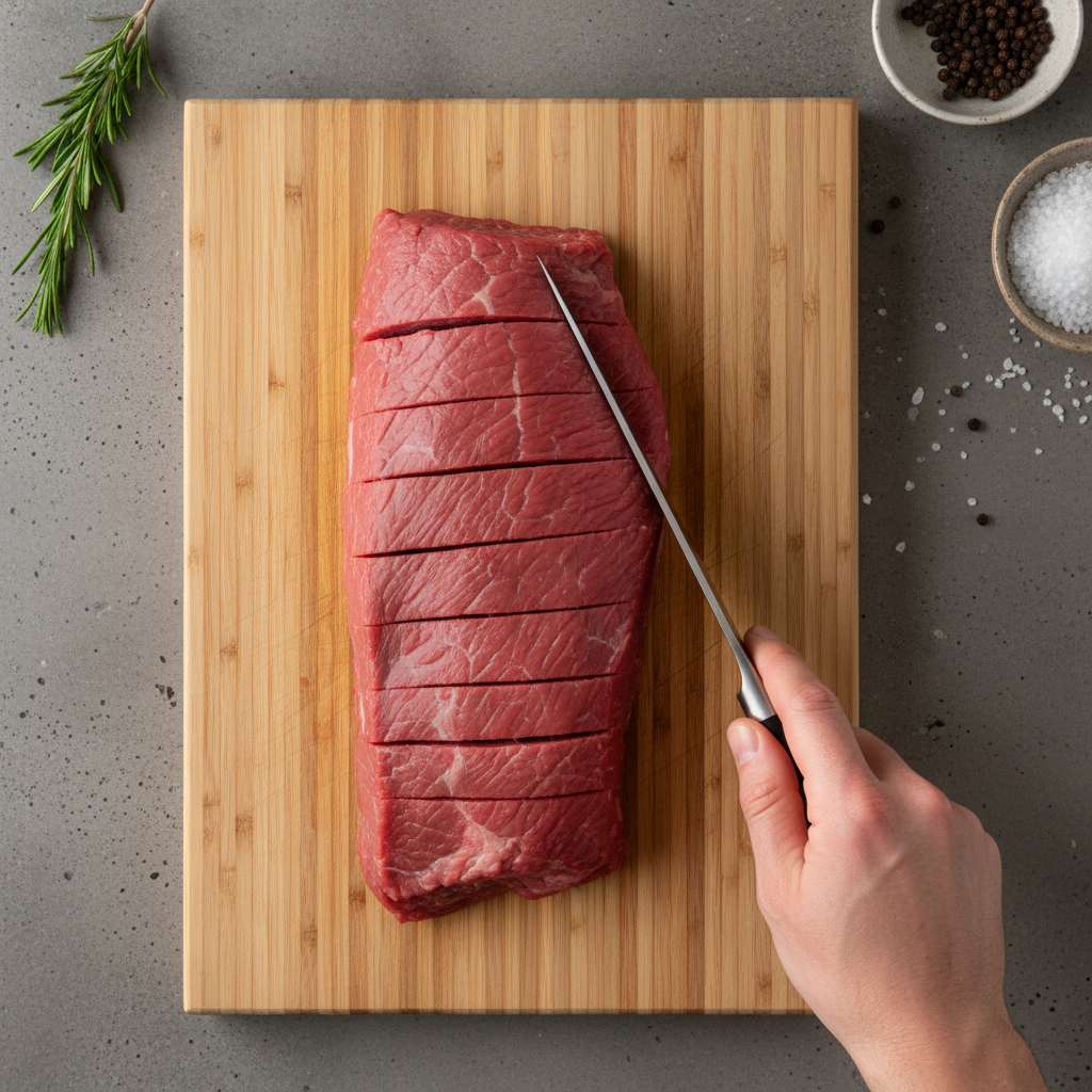 도마 위에서 고기에 칼집 내는 장면