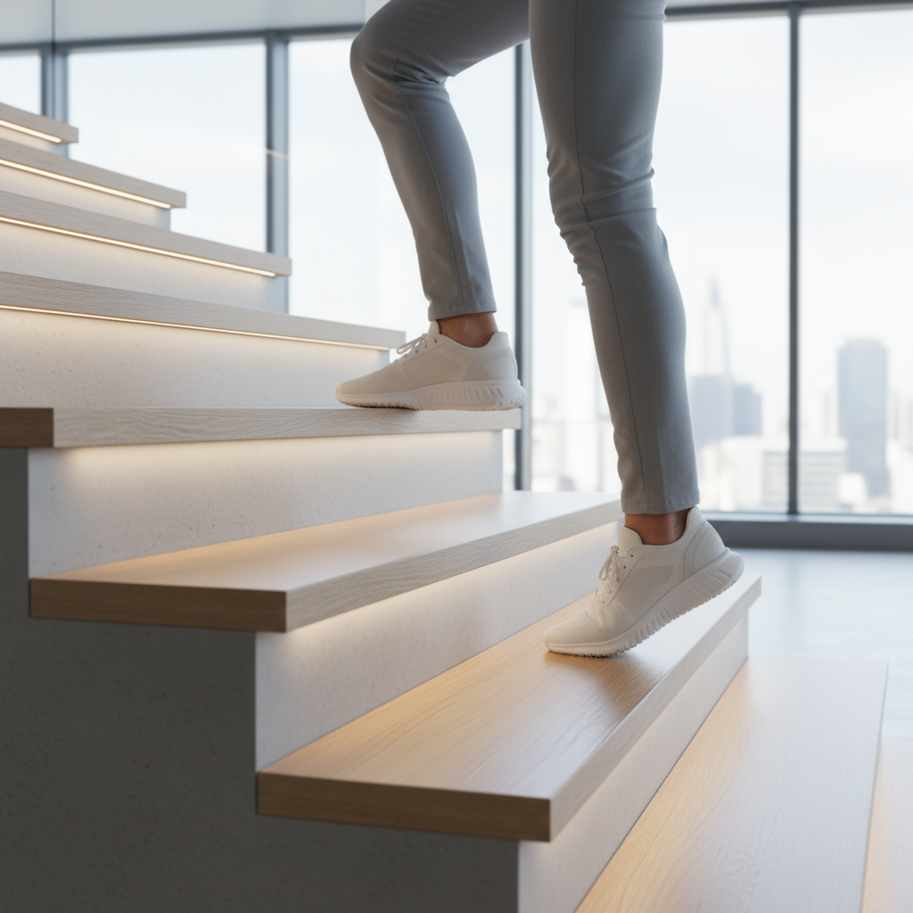 계단을 오르며 발끝을 들어 올리는 장면