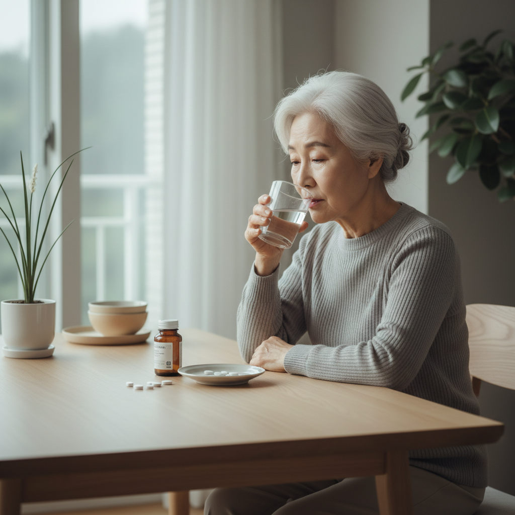 흰머리 한국인 여성이 식탁에서 약과 함께 미지근한 물을 천천히 마시는 모습