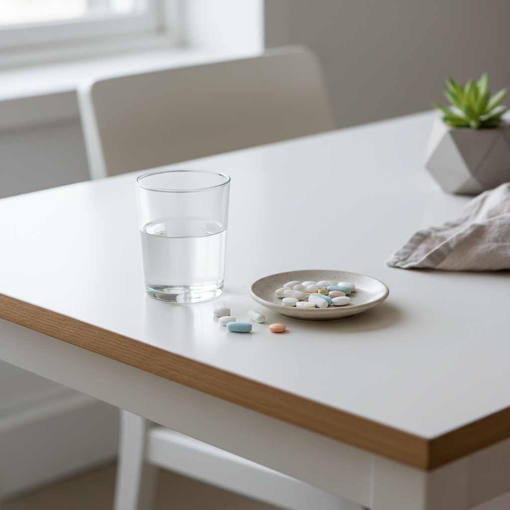 컵에 담긴 미지근한 물과 함께 놓인 여러 알의 약, 식탁 위 장면