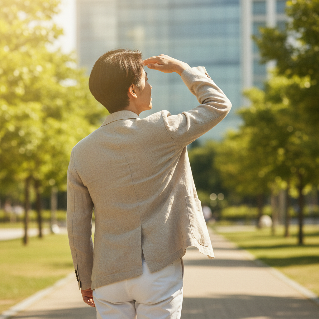 햇빛 아래에서 손으로 눈을 가리고 있는 중년 한국인의 모습