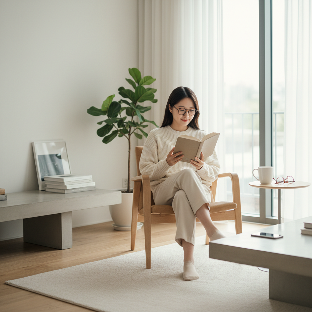 스마트폰을 멀리 두고 책을 읽는 한국인의 모습