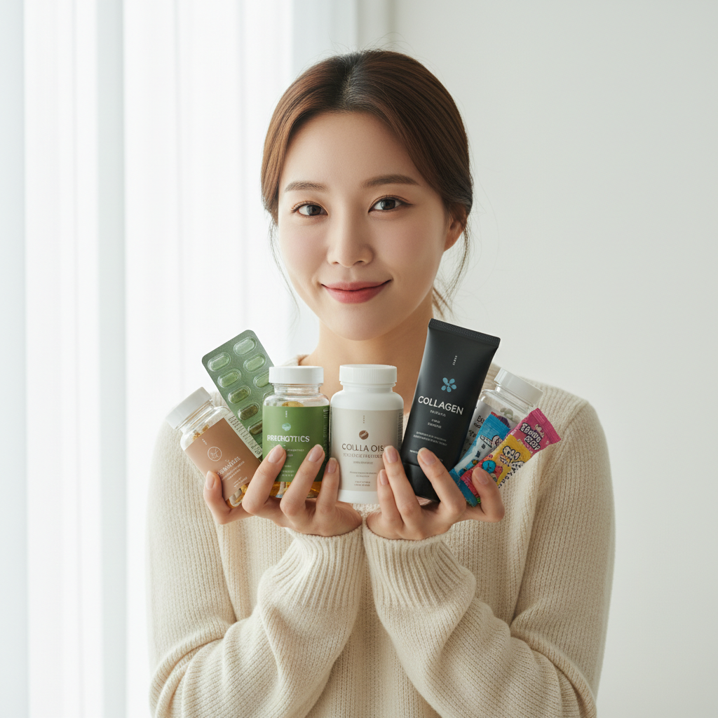 여러 종류의 영양제를 손에 들고 있는 한국인 여성