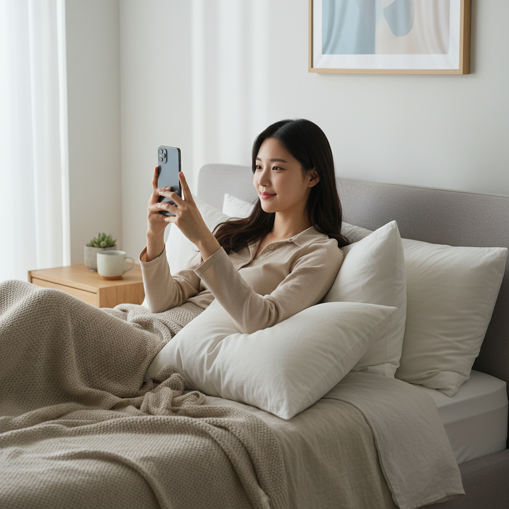 침대에서 스마트폰을 보고 있는 한국인 여성의 모습