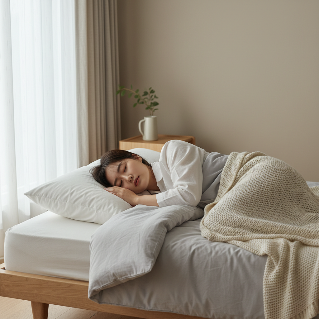 왼쪽으로 편안하게 누워 자는 한국인 성인의 모습