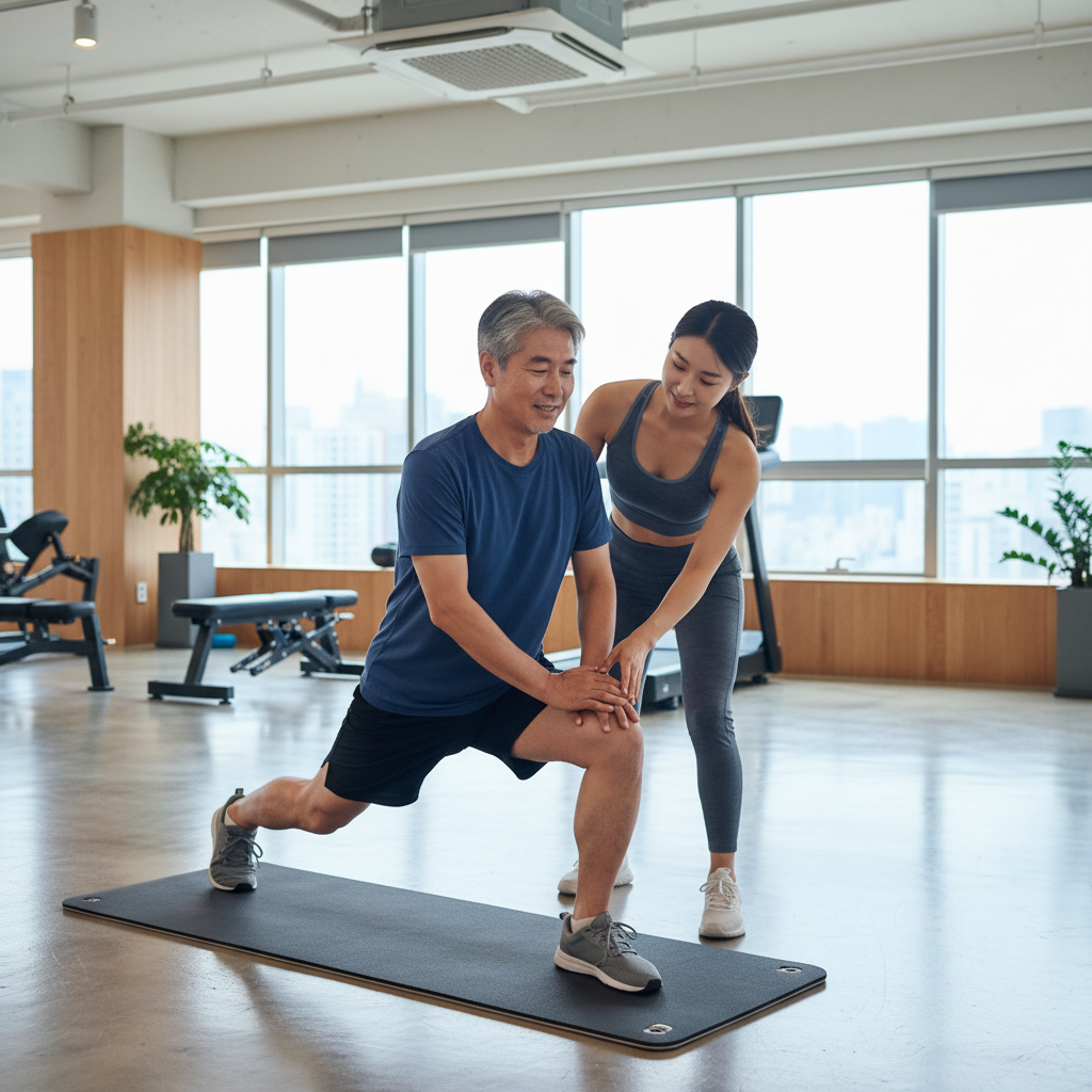 60대 한국인 남성이 헬스장에서 트레이너와 함께 스트레칭 자세를 확인하는 장면