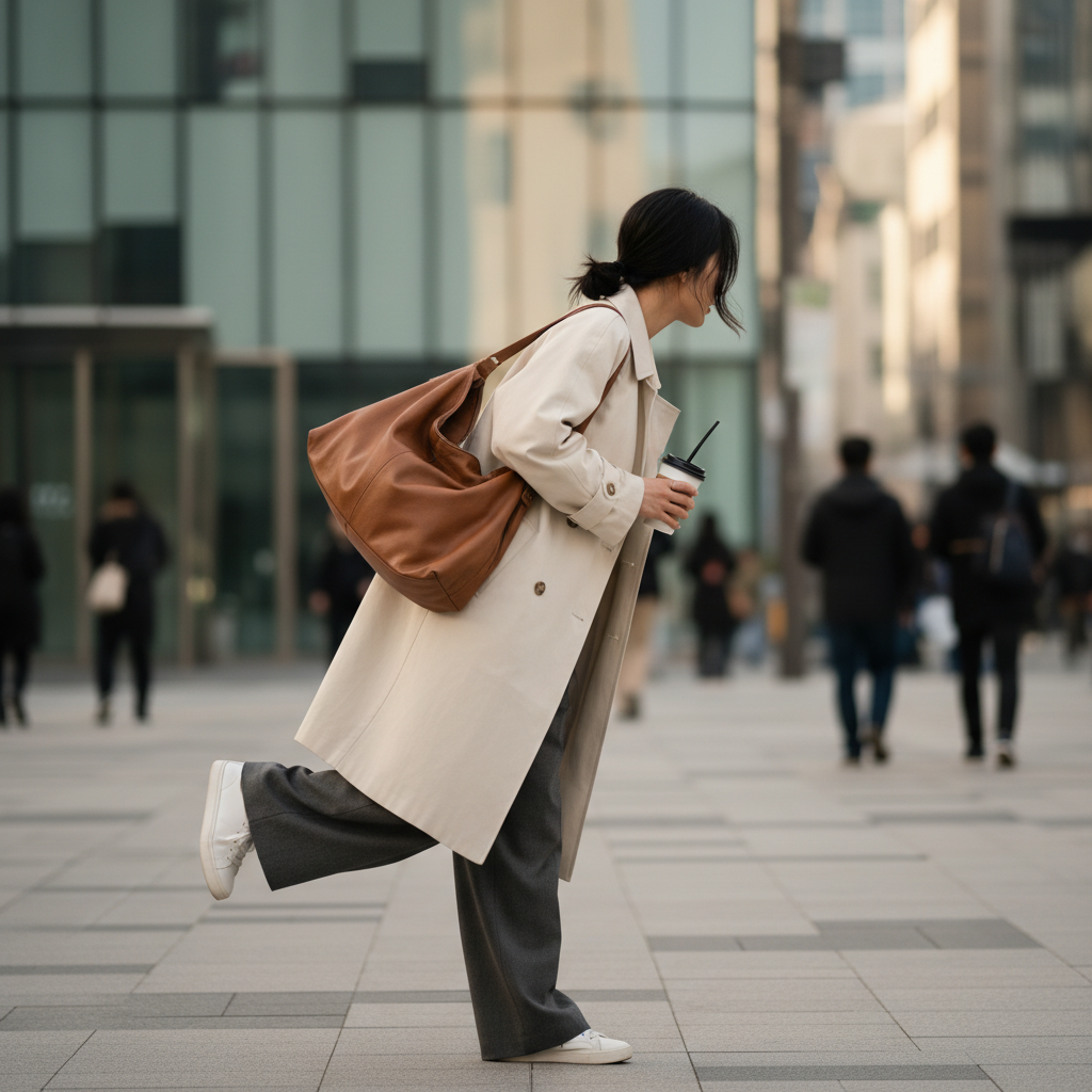 한쪽 어깨에 무거운 가방을 메고 있는 한국인 여성의 측면 모습, 골반이 한쪽으로 기울어진 자세