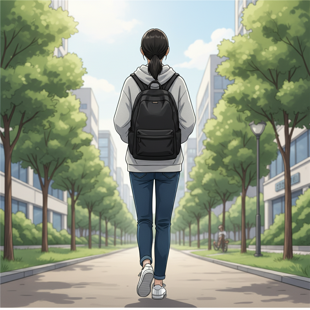 백팩을 양쪽 어깨에 바르게 메고 걷는 한국인 여성의 뒷모습, 등 중앙에 가방이 밀착된 모습