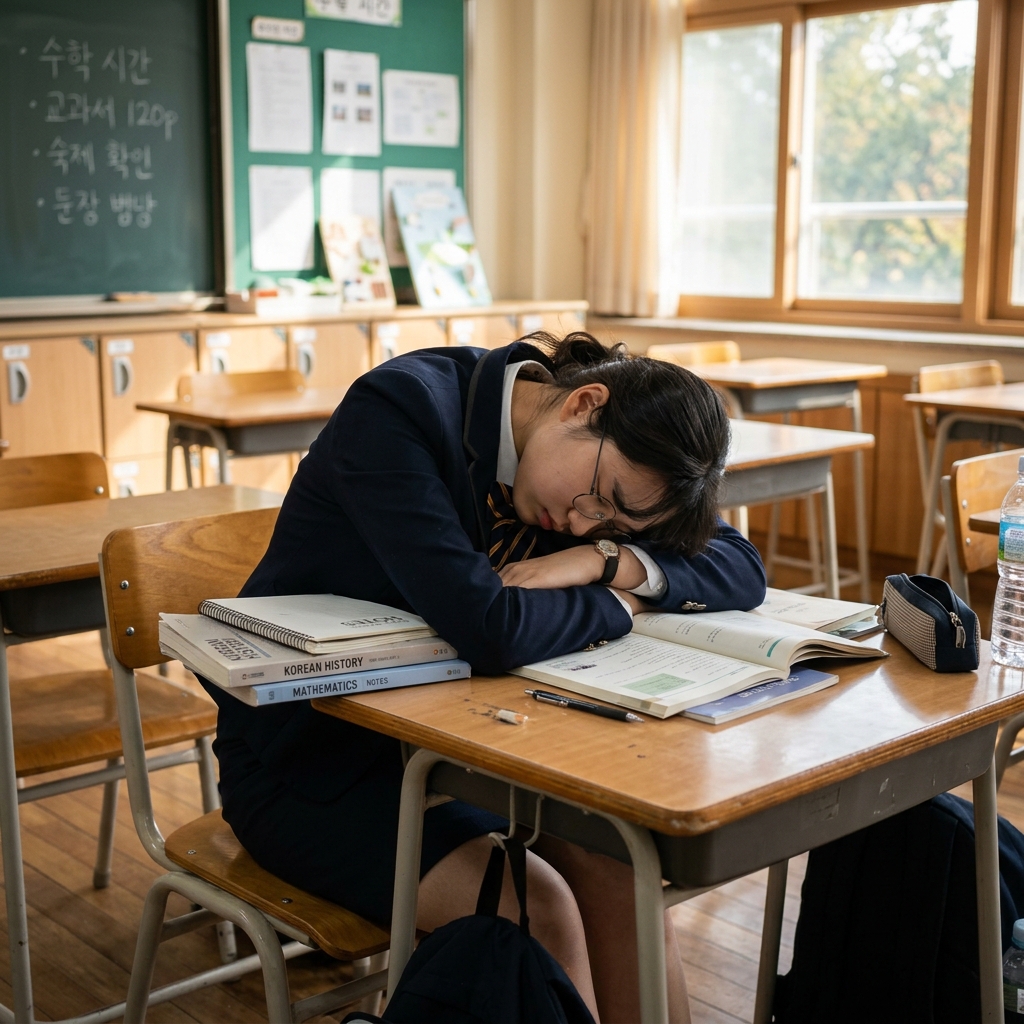 책상에 엎드려 자는 학생의 모습, 목과 허리가 구부러진 자세