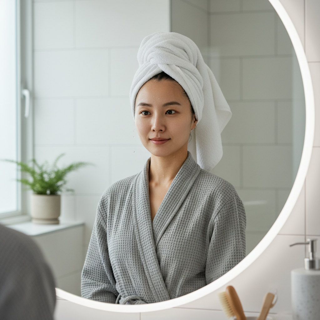 샤워 후 젖은 머리를 타월로 감싼 채 거울 앞에 선 한국인 여성