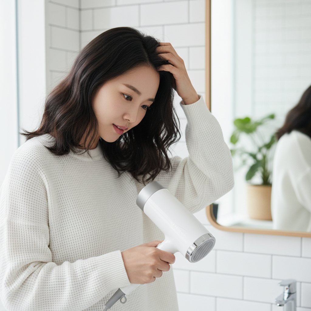 드라이어로 머리를 말리는 한국인 여성, 두피 쪽을 집중적으로 건조하는 모습