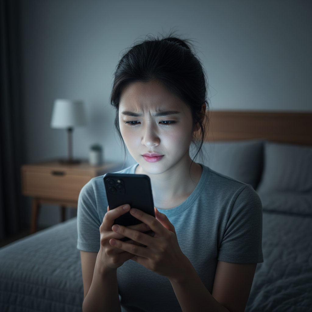 어두운 방에서 밝은 스마트폰 화면을 보며 눈을 찌푸리는 한국인 여성의 모습