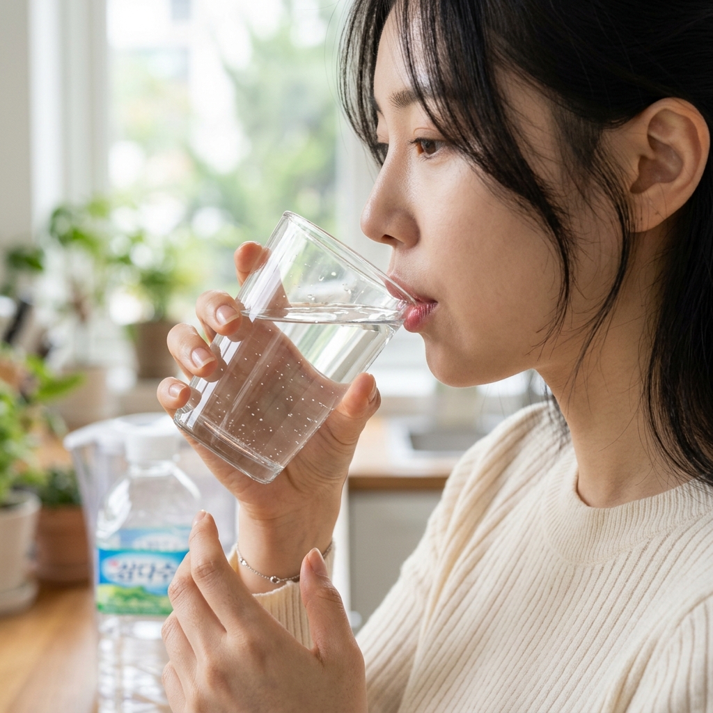 컵에 담긴 물을 천천히 마시는 한국인 여성의 손과 입 클로즈업
