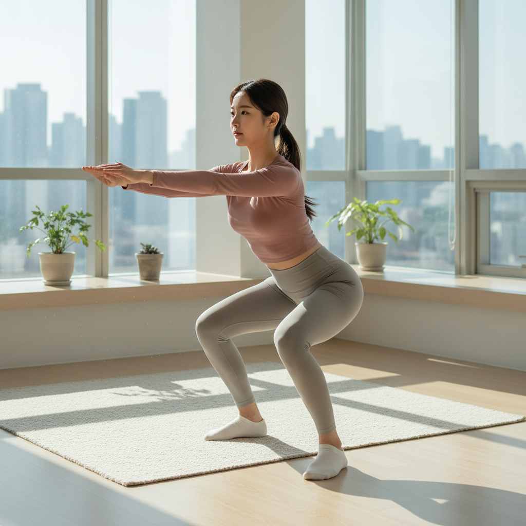 실내에서 가벼운 스트레칭과 맨몸 스쿼트를 하고 있는 한국인 여성