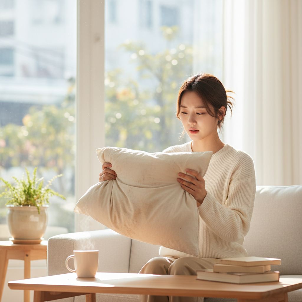 오래된 베개를 들어 확인하는 한국인 여성의 모습