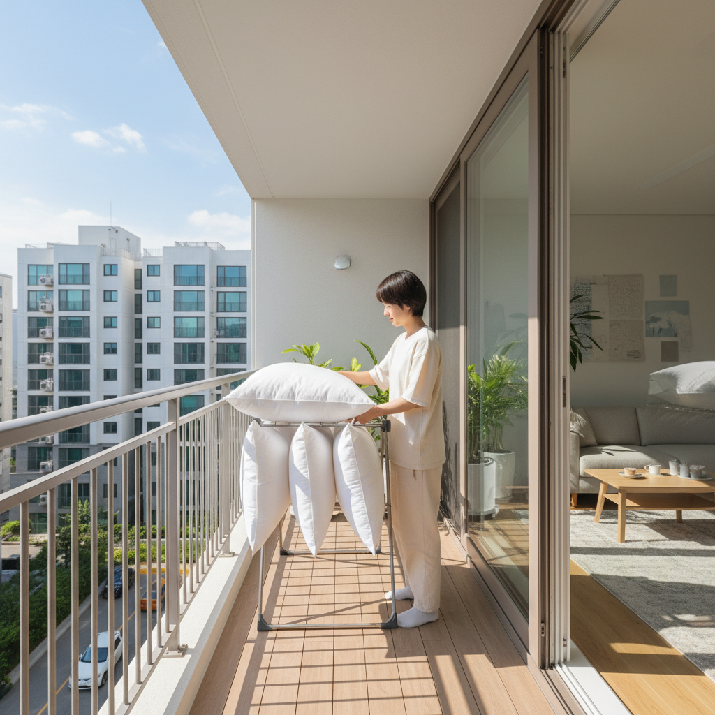 베개를 햇볕에 말리고 있는 한국인의 생활 장면