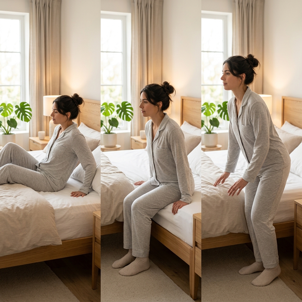 침대에 앉아 천천히 일어나는 3단계 절차를 보여주는 장면