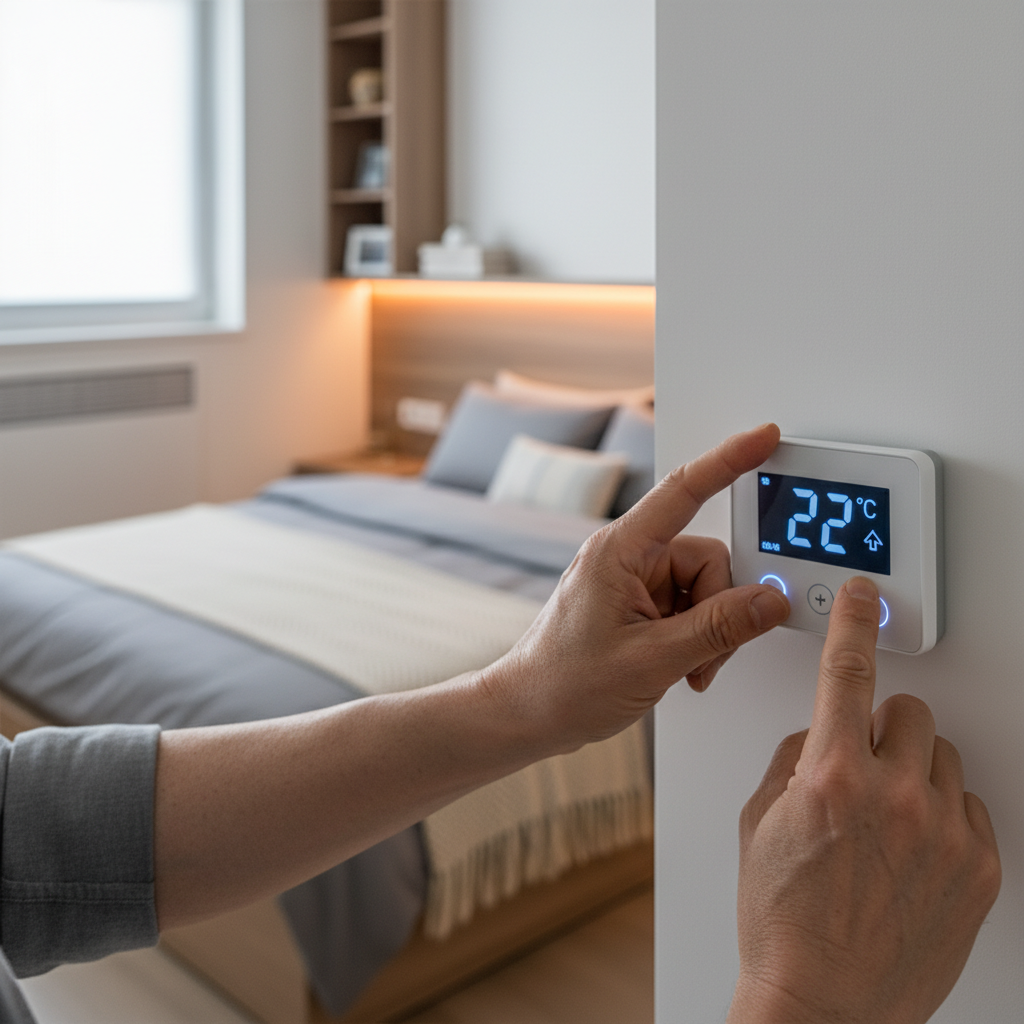침실 온도계를 보며 난방기를 조절하는 70대 한국인 남성의 손 클로즈업
