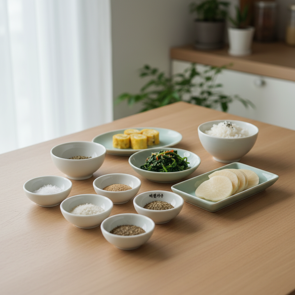 천연 조미료가 담긴 작은 그릇들과 소량씩 담긴 반찬들