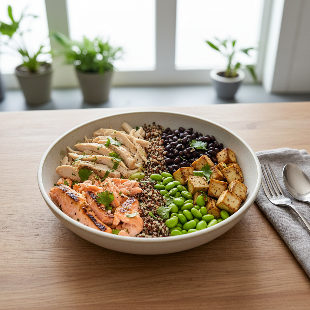 동물성 단백질과 식물성 단백질을 1:1로 섞어 담은 식단 사진