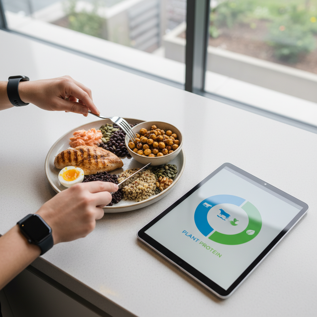 식사 구성 시 동물성과 식물성 단백질 비율을 체크하는 장면