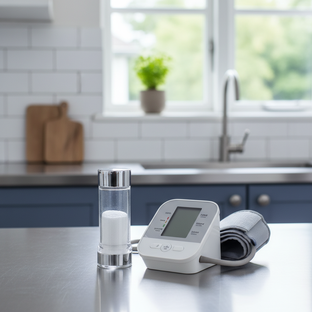 소금통과 혈압계가 나란히 놓인 주방 장면