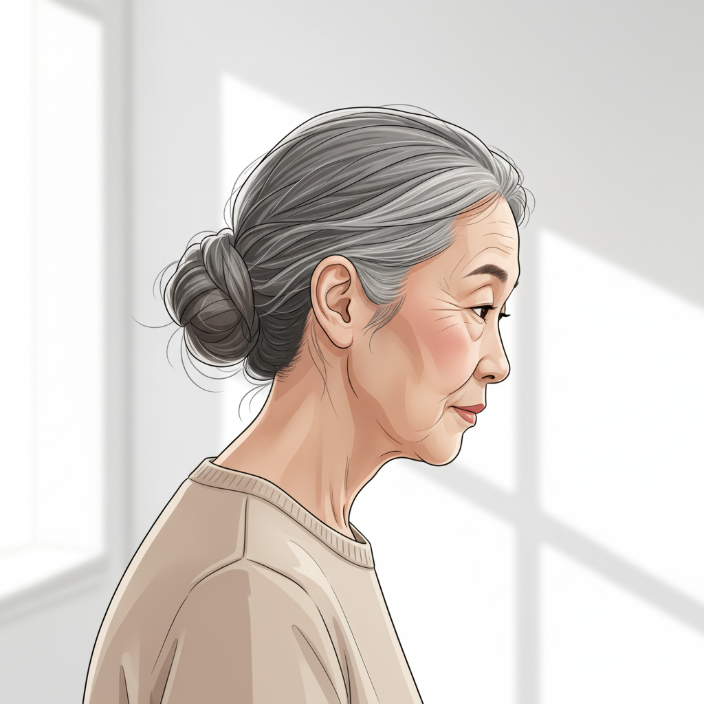 치아 소실로 한쪽 턱이 기울어진 노년 여성의 측면 모습